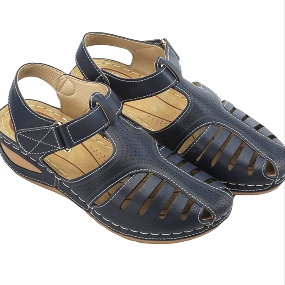 Women's Summer Beach Blue Wedge Sandals Bohemian FlipFlops Ankle Strap Size 9